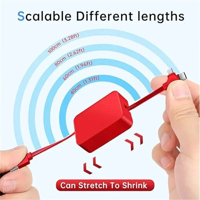 3 In 1 Portable Charge Cable Retractable for IOS & Type C & Micro USB 1M Multi-Function Mini Telescopic Cord Charging Cable