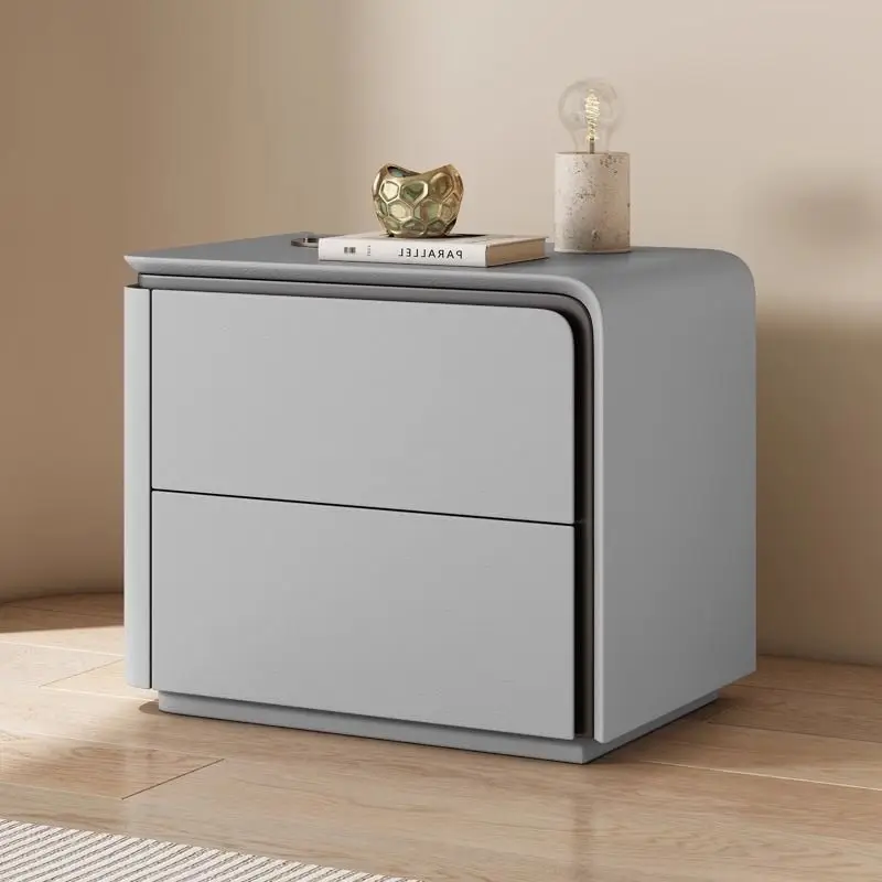 Simple Modern Cream Solid Wood Small Leather Bedside Table Bedroom High-end Household New Complete Storage