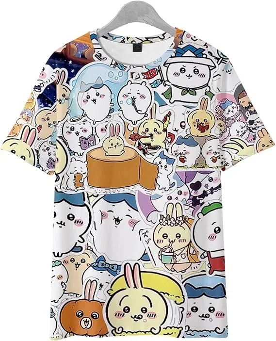 Chiikawa 3D-Druck T-Shirt Schwarz-Weiß Gestreiftes Kurzarm-Shirt Niedlicher Cartoon-Charakter Lässiges Unisex-Sommer-Oberteil Familien-Partnerlook – Detail 11