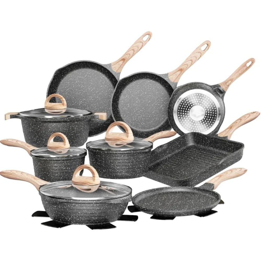 

Pots and Pans Set Nonstick 23pcs, Healthy Kitchen Cookware Sets, Induction Cooking Set W/Gray Granite Stone Frying Pans,