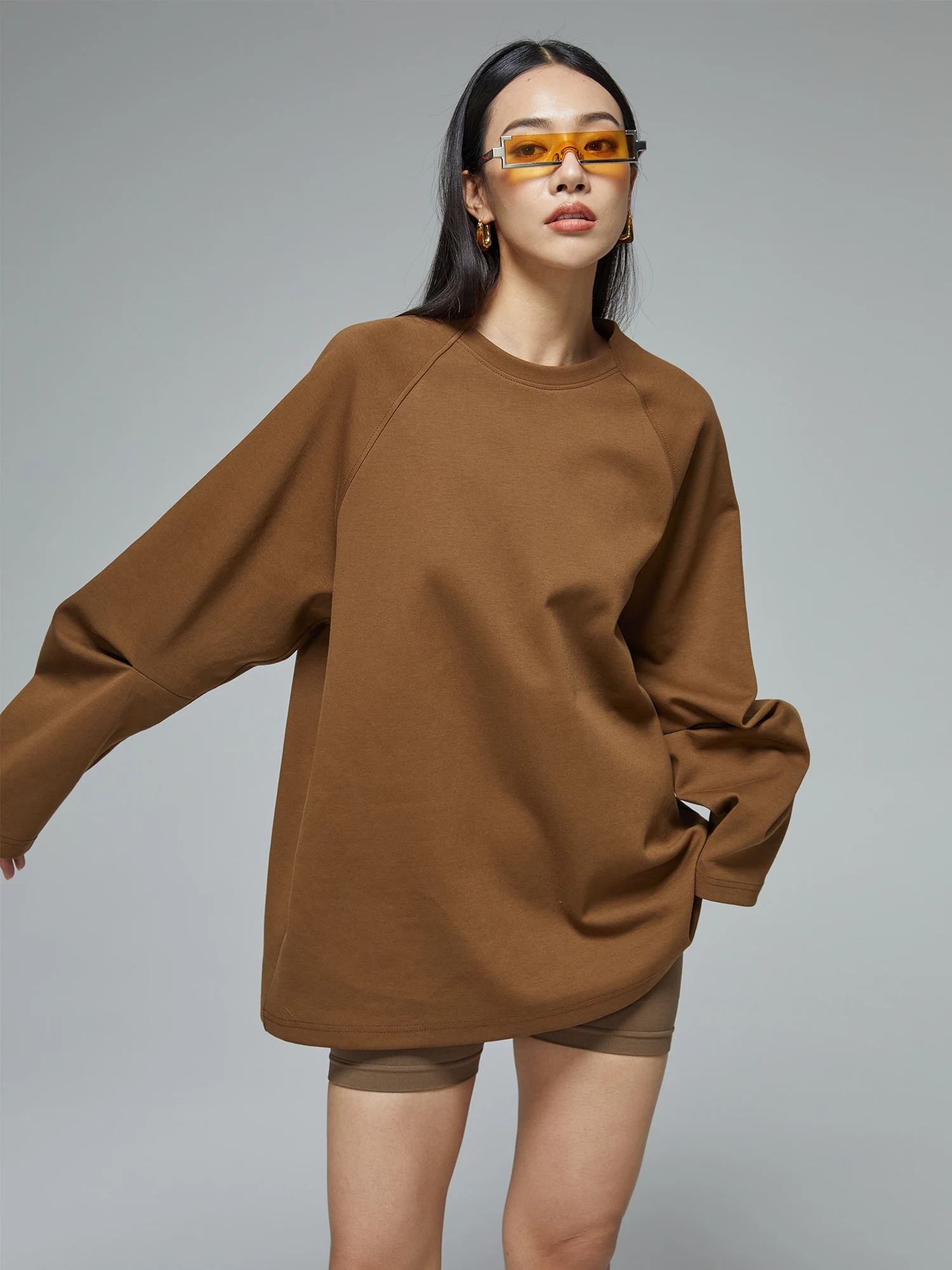 

ZzZHANG Oversize Long Sve T-irt Women Casual Loose Cotton Spring Autumn oulder Sve Design round Ne Sweatirt