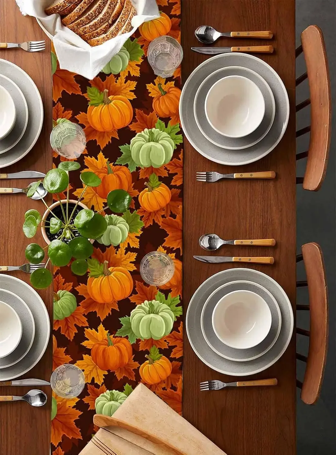 1Pc Autumn Pumpkin Maple Leaf Table Runner Orange Green Fall Harvest Print Table Cover For Dining Kitchen Party Decoration Table