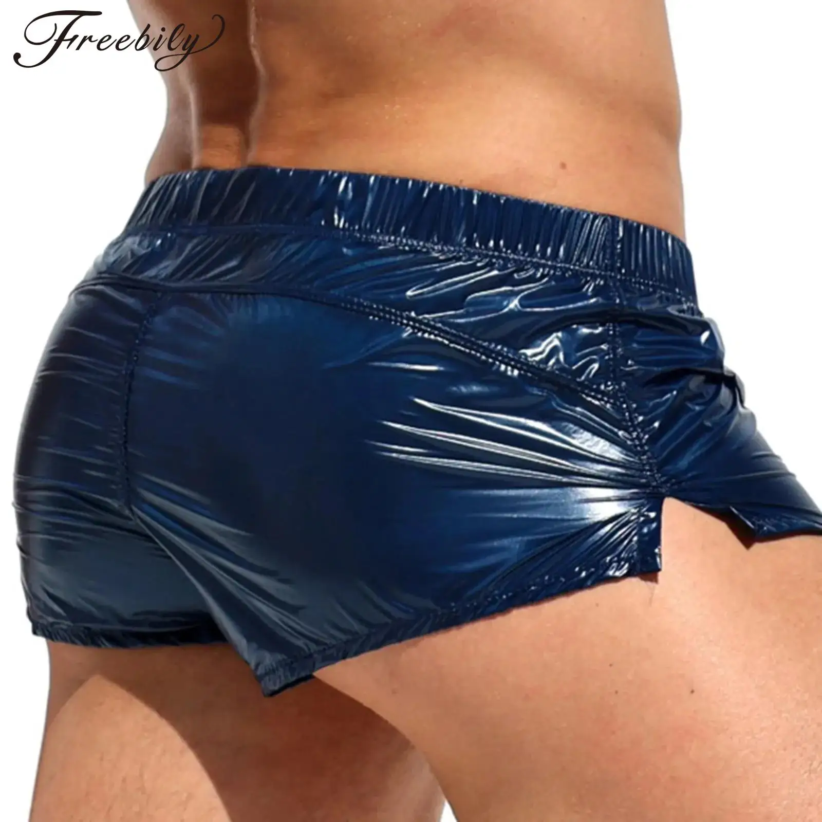 Mens Low Rise Sides Slit Boxer Shorts Glossy Swim Trunks Bikini Swimwear Nightclub Faux Leather Hot Shorts Clubwear