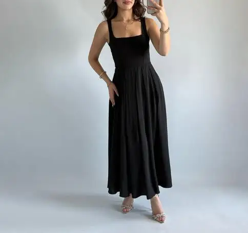 

Summer Dress Woman 2025 Solid Color Sleeveless U-Neck Backless Casual Dress for Women Elegant Slim Fit A-Line Camisole Dress