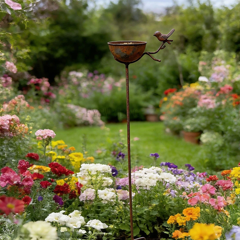 5PCS Multi-use Metal Ground Stake Bird Feeder & Bird Bath Vintage Iron Bird Food Container Outdoor Garden Yard Lawn Insert Decor