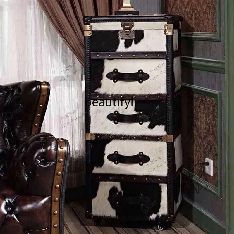 American retro natural cow fur box industrial style leather storage box living room side few bedside chest