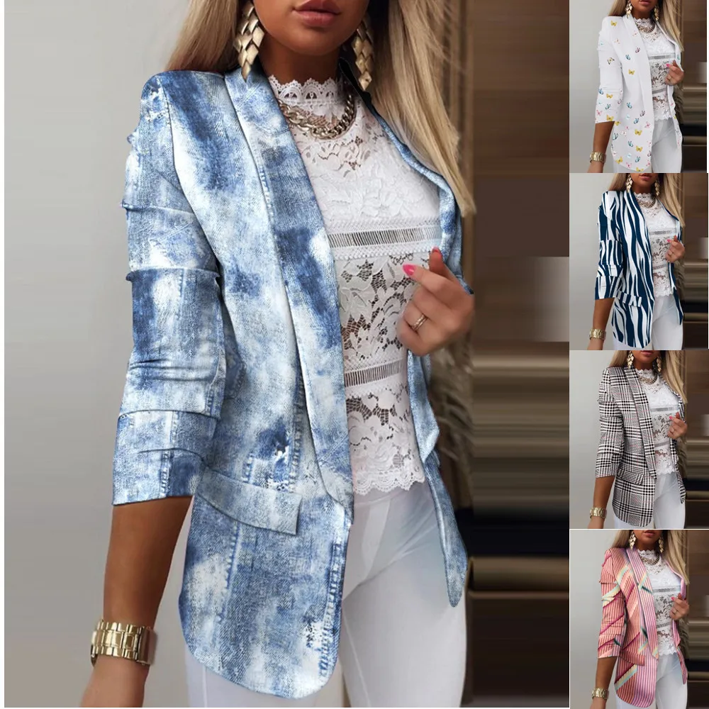 Setelan Lengan Panjang Kasual Pakaian Luar Wanita Kantor 2025 Mantel Blazer Motif Kupu-kupu Kerah Lipat Mode Musim Semi Musim Gugur untuk Wanita
