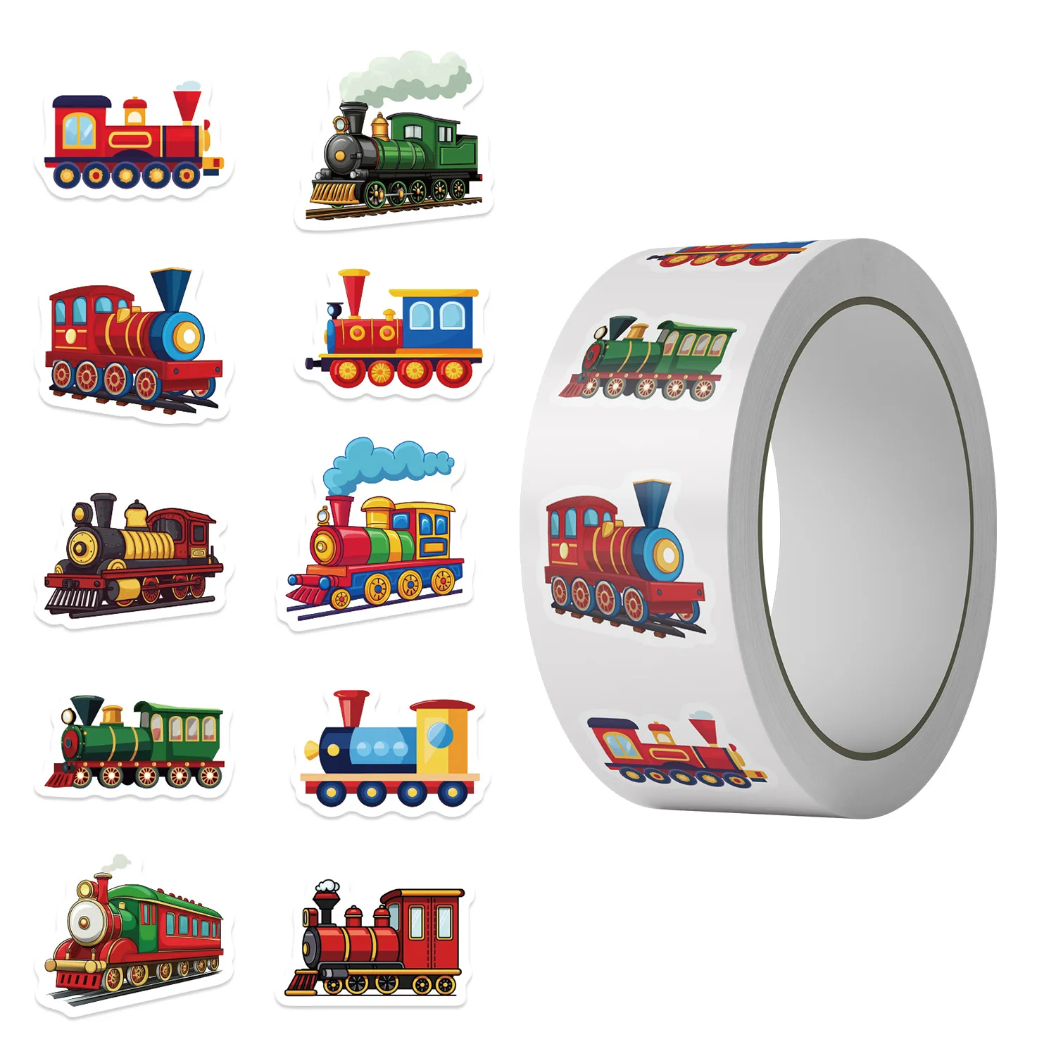 500Pcs Train Stickers Roll, 10 Patterns Cartoon Locomotive Decals, Cute Steam Train Stickers for Kids Boys Party Favors Gifts