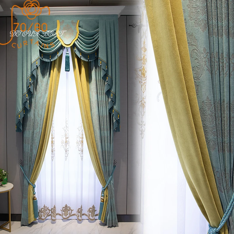 New High-end Blue-green Jacquard Thickened Chenille Patched Curtains for Living Room Bedroom Falling Floor Window Customized