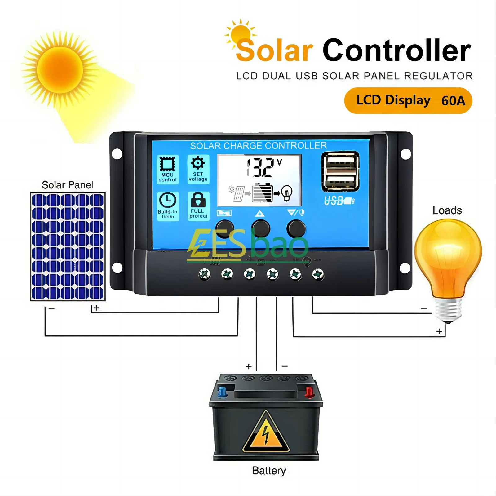 Solar Charge Controller 60A 12V/24V Voltage Regulator Solar Panel Photovoltaic Home with PWM Solar Charger LCD Display Dual USB