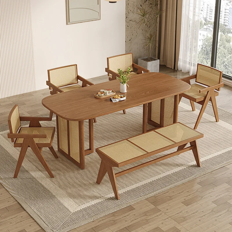 

HYS solid wood rattan dining table and chair combination small apartment household simple dining table wabi sandy wind