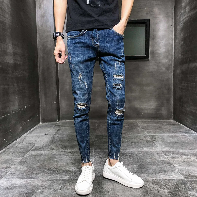

Модные мужские рваные джинсы, эластичные, облегающие, в корейском стиле, ретро, японские, длинные брюки