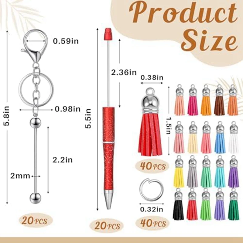 20Pcs Beaded Pens 20Pcs Beaded Keychain Rods, DIY Keychain Supplies Pen Making Supplies Parts With Tassels For Craft Projects