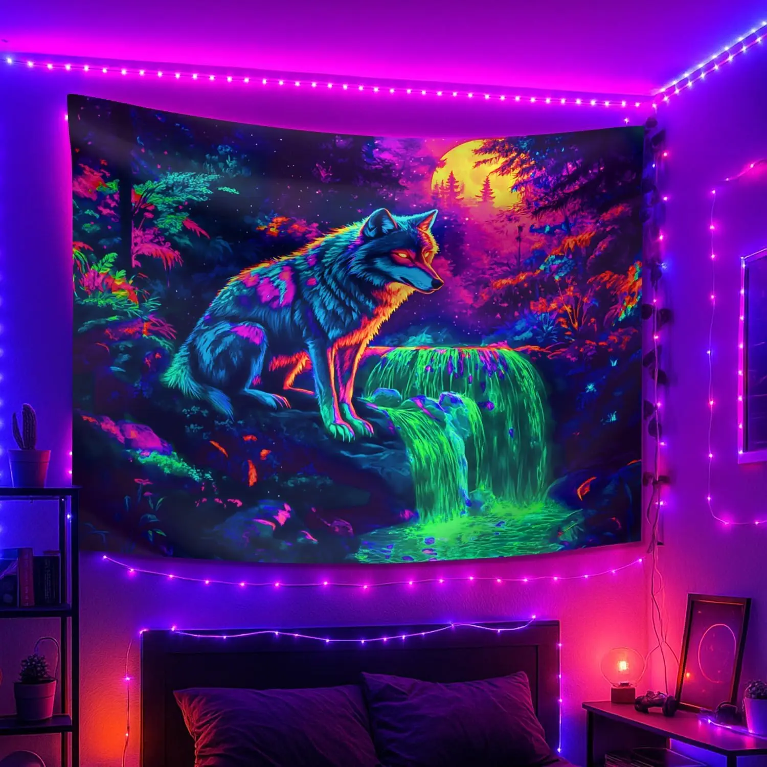Psychedelic Neon Wolf Forest Wall Tapestry Hanging Decor Large Polyester Art Print for Home Bedroom Living Room
