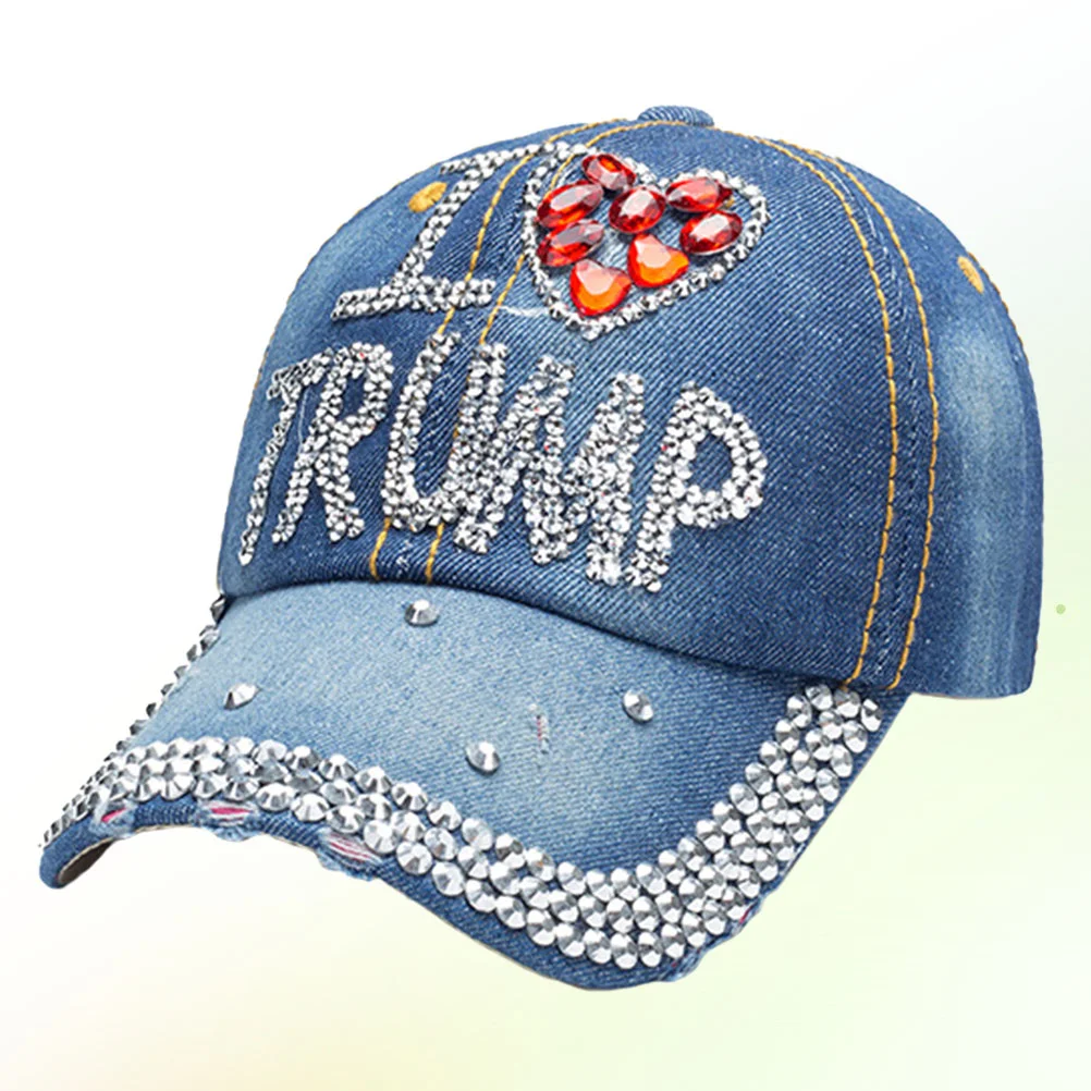 Trump 2020 Baseball Denim Sun Hat Rhinestone Presidential Election Headdress Peaked (Blue I Love Trump)