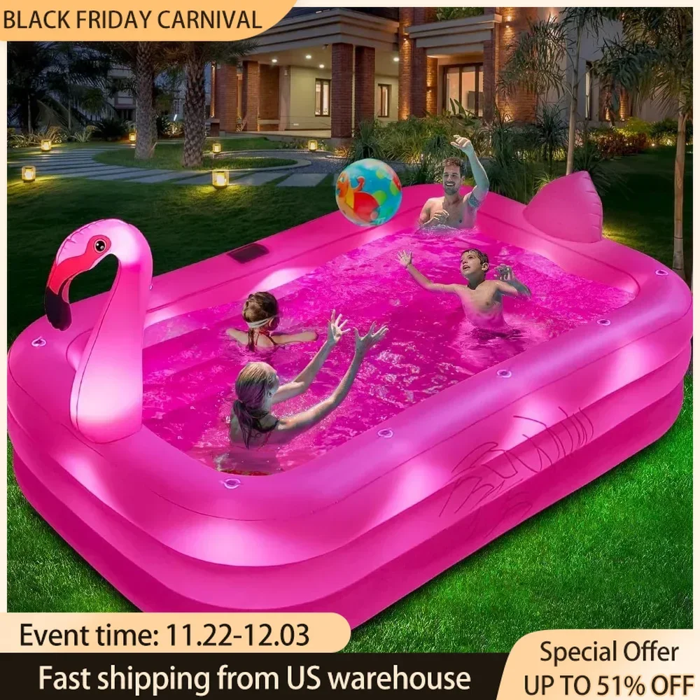 Inflatable Pool with Lights, Solar Flamingo Swimming Pool, Kiddie Pool, Durable Thickened Inflatable Family Pool for Backyard