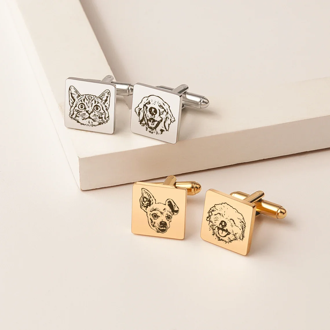 Custom Cuff Links Personalized Pet Portrait Cufflinks Engraved Pet Name Pendant Memorial Photo Cuff Father's Day Birthday Gift