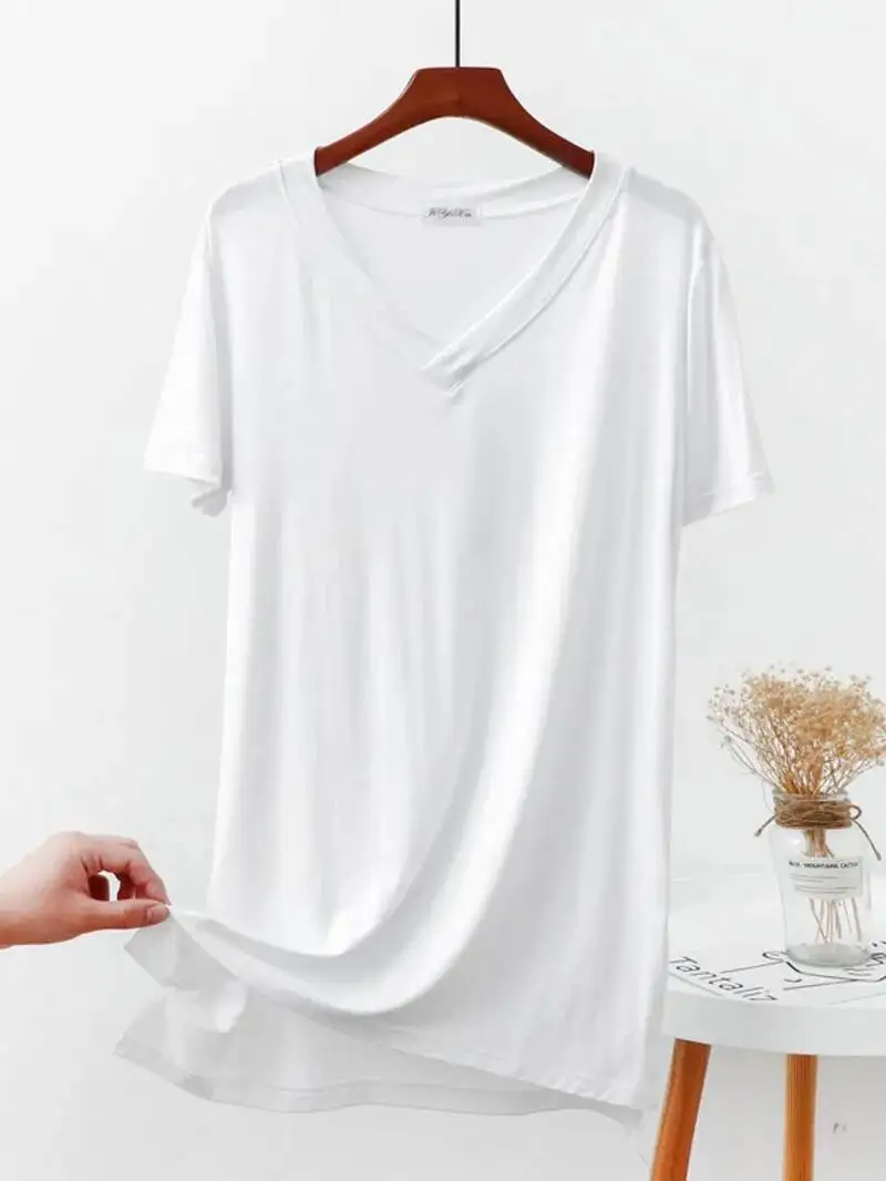 Camiseta larga holgada y sexi para mujer, vestido de manga corta de Color sólido, moda elegante, camiseta coreana sexi para mujer, Mini vestido 2024 nuevo NJ85