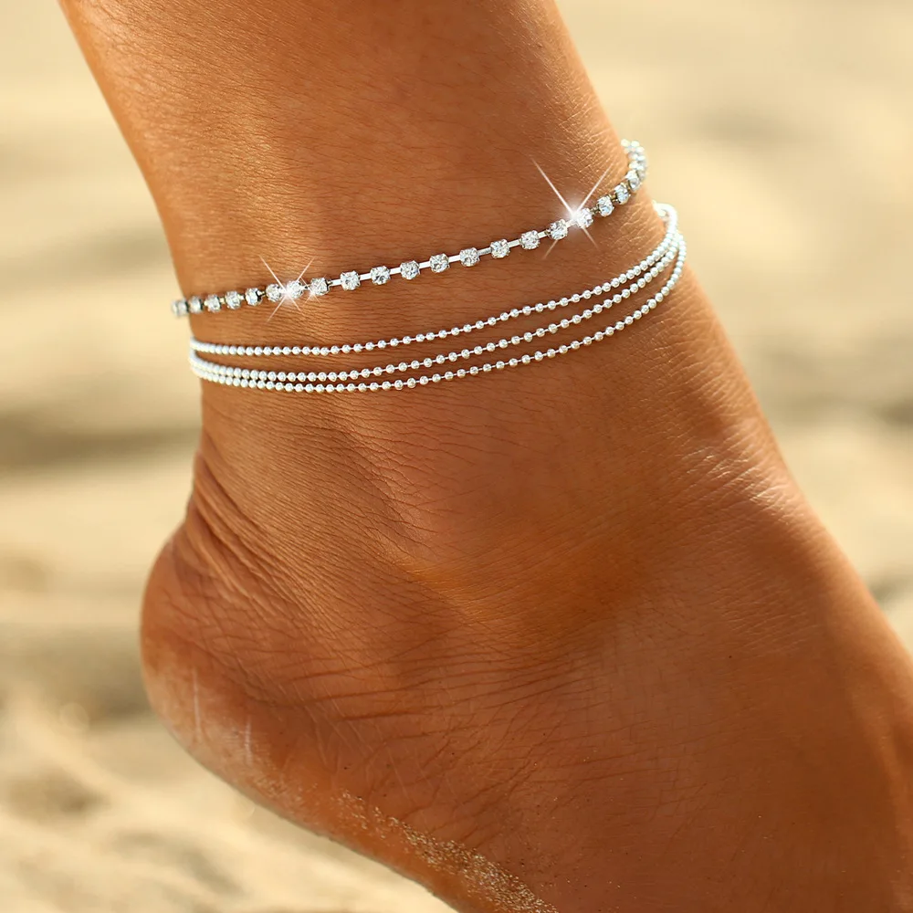 Silver Color Crystal Zircon 3 Rows Beads Anklet for Women New Fashion Chain Multilayer Rhinestones Foot Crystal 2024 Jewelry