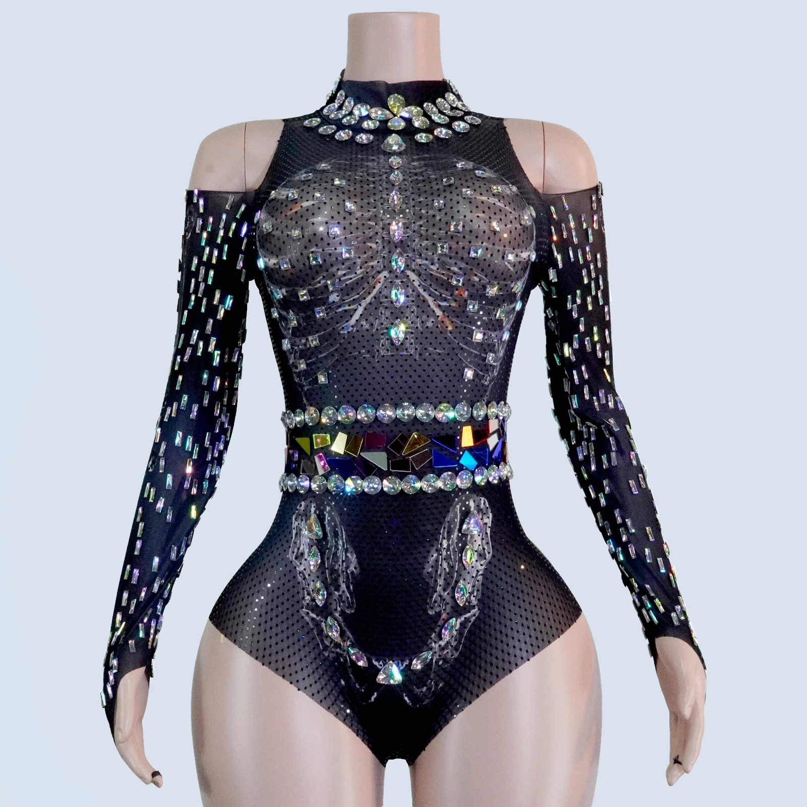 

Shining Crystal Gogo Show Black Women Bodysuit Printed Bone Pole Dance Leotard Sexy Party Birthday Club Drag Queen Outfit Stage