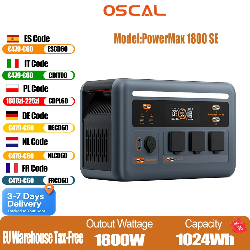 Station d'alimentation portable OSCAL PowerMax 1800SE, batterie LiFePO4 1024Wh, sortie AC à onde sinusoïdale pure 1800W en continu/3600W en crête, charge solaire 800W et charge rapide AC 700W, pour camping, camping-car, maison et situations d'urgence