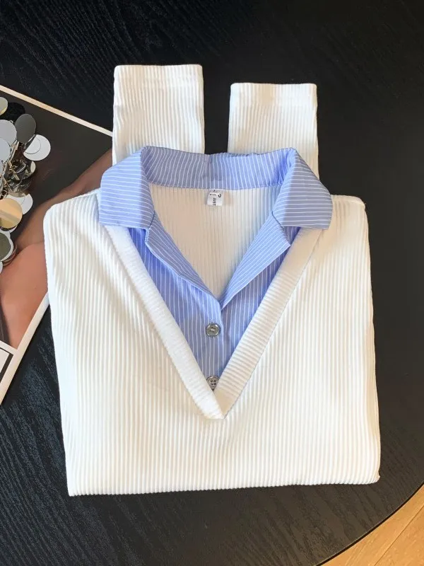 Slimming Striped V-Neck Long Sleeve Base Shirt Women's Casual Style Spring Autumn plus Size Fashionable Top MM Baby Joy