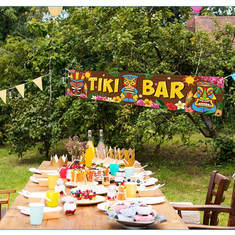 1pc Tiki Banner Happy Luau Decoration Tiki Totem Tiki Bar Aloha Scene Setters Hibiscus Carnival Hawaii Party Tropical Banner