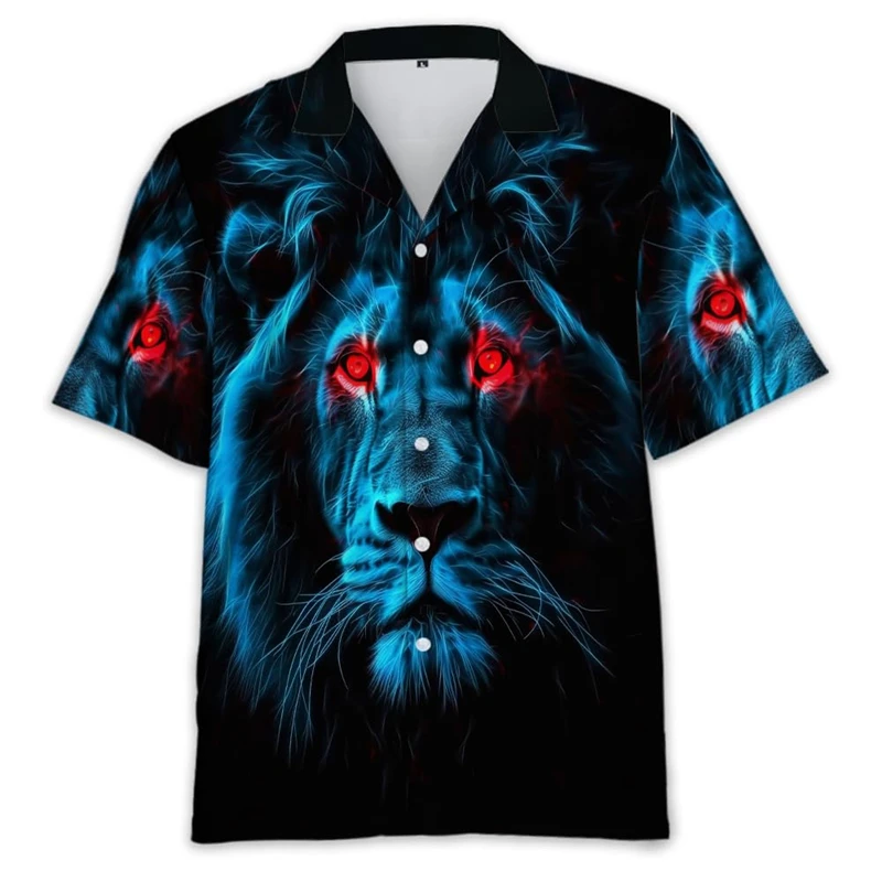 Camisa con estampado 3D De León abstracto para hombre y mujer, camisa informal de manga corta para playa, blusa cómoda para vacaciones hawaianas