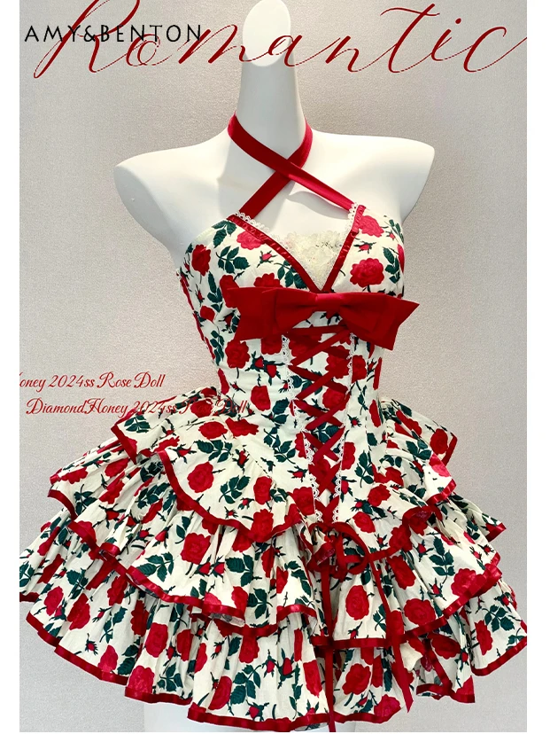 

Spring Summer Sweet Cute Flowers Printed Halter Dress for Women French Vintage Bow Slim Sexy Mini Dress Versatile Holiday Dress