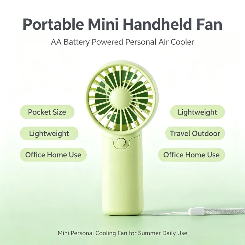 Portable Mini Handheld Pocket Fan AA Battery‑Powered Lightweight Personal Air Cooler for Travel Outdoor Office Indoor Daily Use