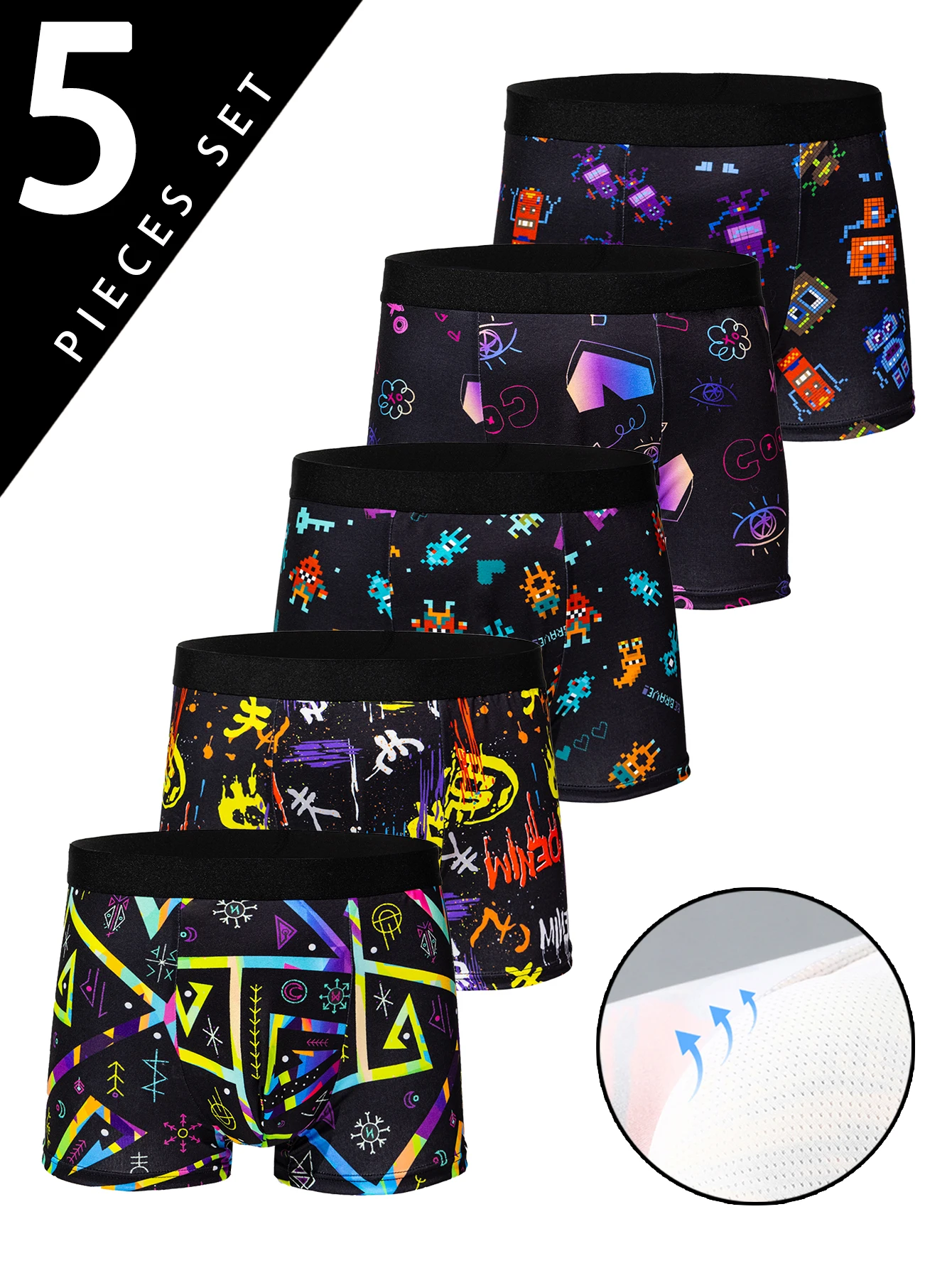 5-pcs Men's trendy graffiti, pixel, cyberpunk print boxer underwear, comfortable and casual and fashionable boxer