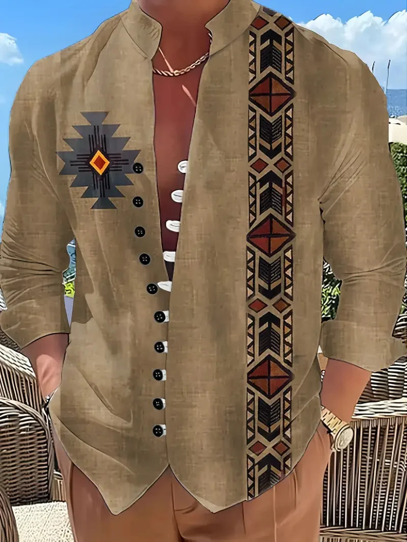 Henry Men's Shirt Ethnic Style 3D Printed Top Men's Casual Fashion Vintage Long Sleeve Shirt Men's Costume