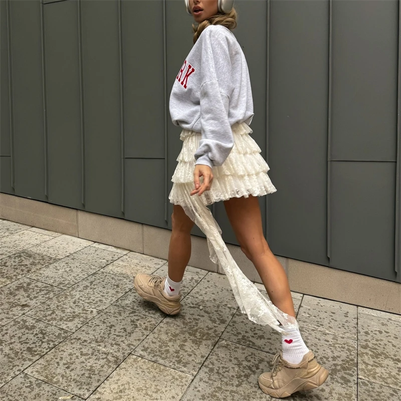 Lace Skirt Women High Waist Irregular Hem Layered Tulle Mini Skirt Spring Autumn Casual Party Wear Y2k Fashion Trendy Sheer