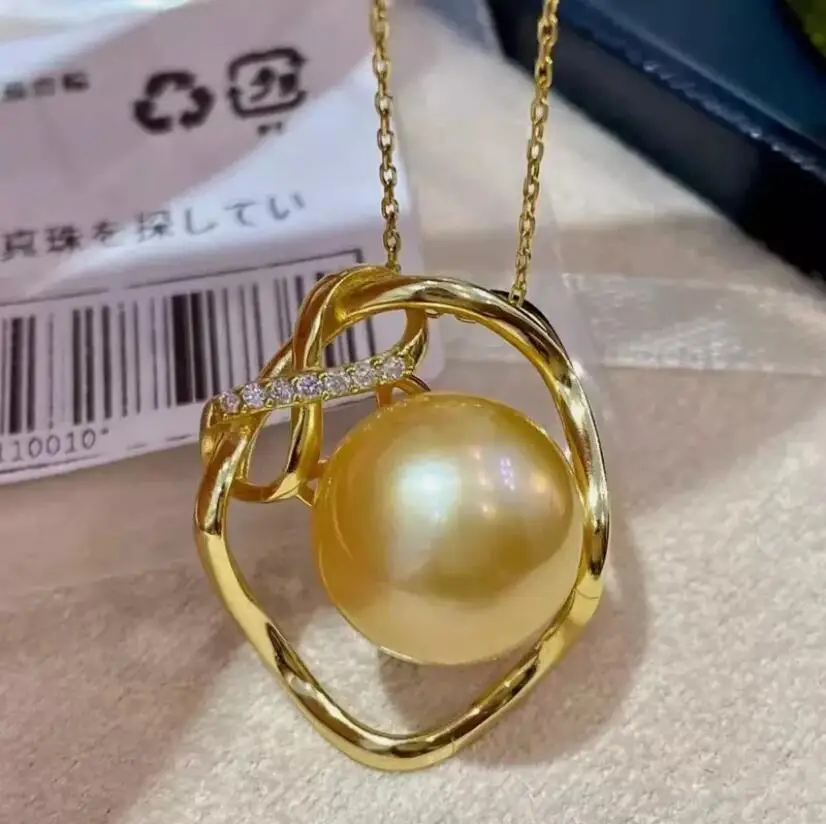 

new Round AAAA 11-12mm South Sea Gold pearl Pendant Necklace 18" 925S