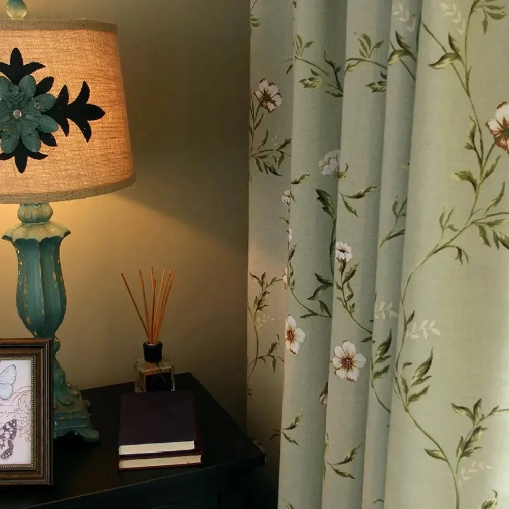 American Cotton Linen Retro Print Green Curtains for Living Room Bedroom Dining Semi-shade Romantic Decor Tulle Custom Size
