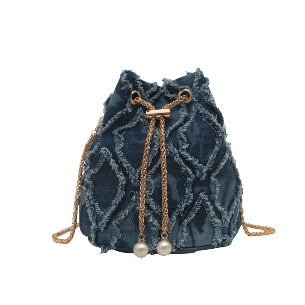 

Elegant Pearl Denim Bucket Bag Chain Handbag Tassel Denim Crossbody Bag Korean Style Small Purse Cloth Shoulder Bag Party