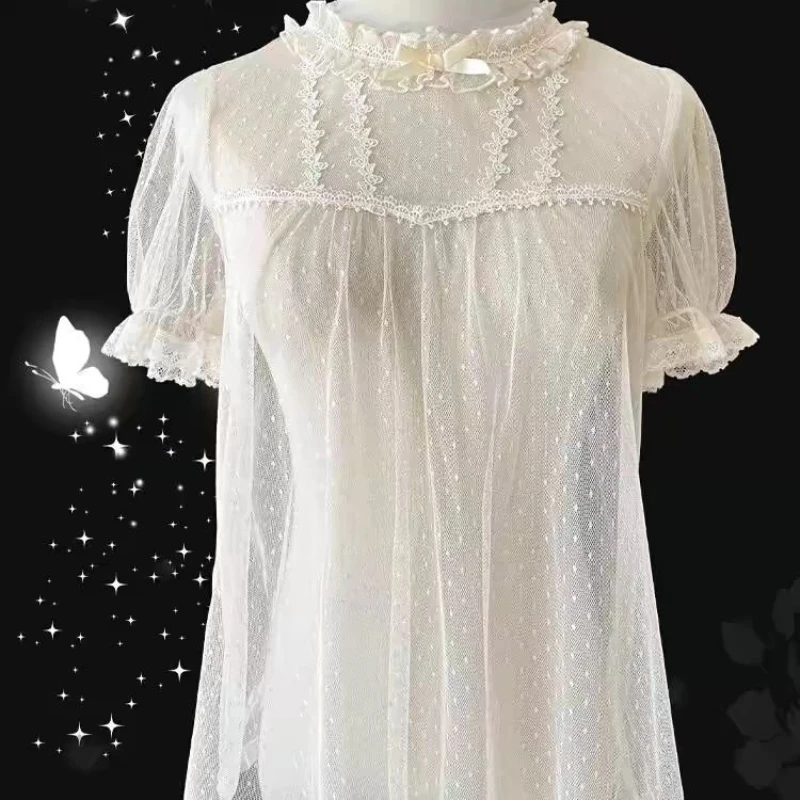Japanese Sweet Lolita Mesh Shirt Women Vintage Bow Puff Short Sleeve Ruffle O Neck Blouses Girls Victorian Gothic Loose Blusas