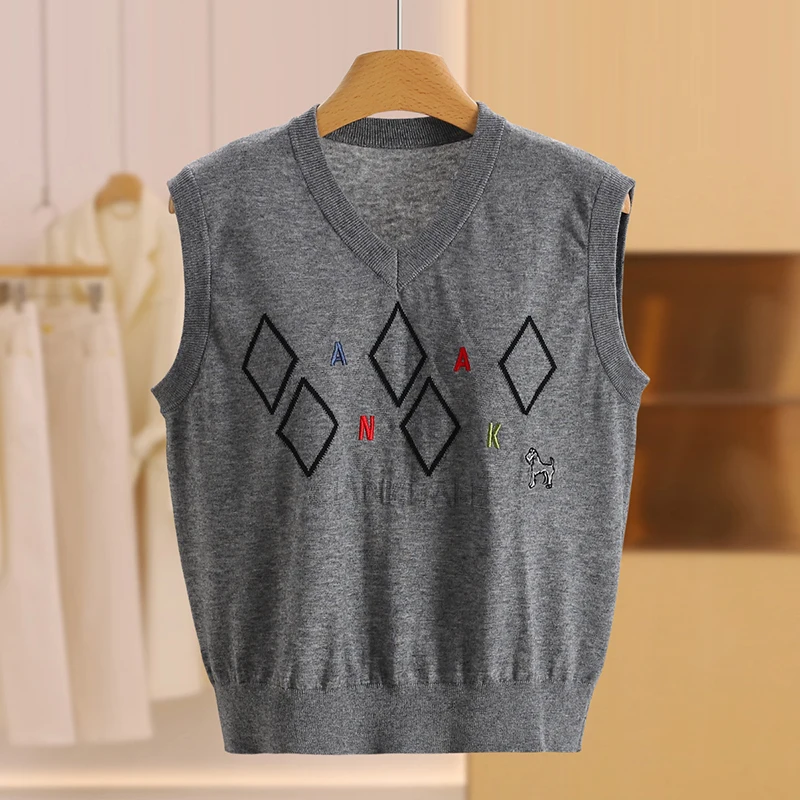 

Свободный свитер с v-образным вырезом, жилет с вышивкой и ромбовидным узором, многослойная одежда, женская модная зимняя верхняя одежда, удобная посадка