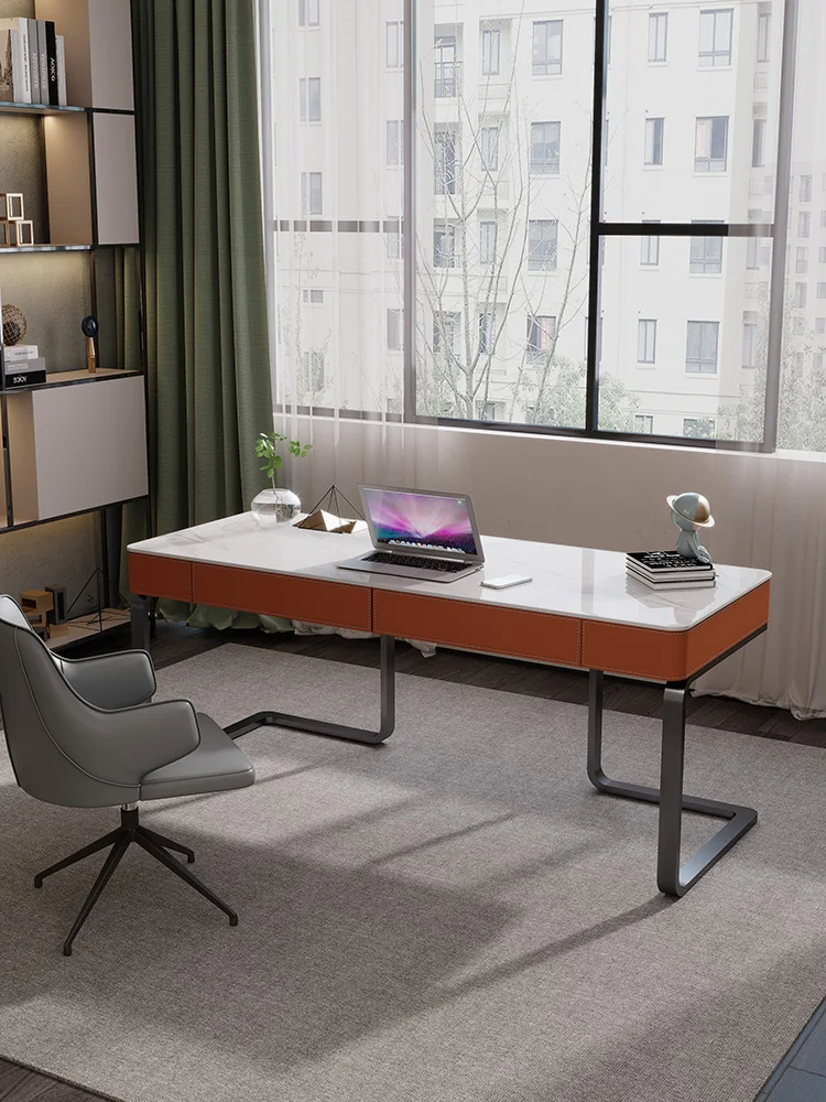 Italian saddle leather study desk, modern home small apartment desk, light luxury, minimalist rock slab office computer desk