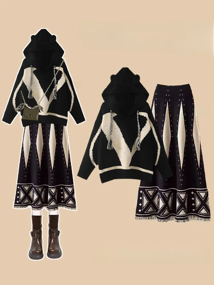 

Large Size Autumn Color Block High Waist Knitted Hat Women's Two-Piece Set Fashionable Slimming Long Dress Ensemble