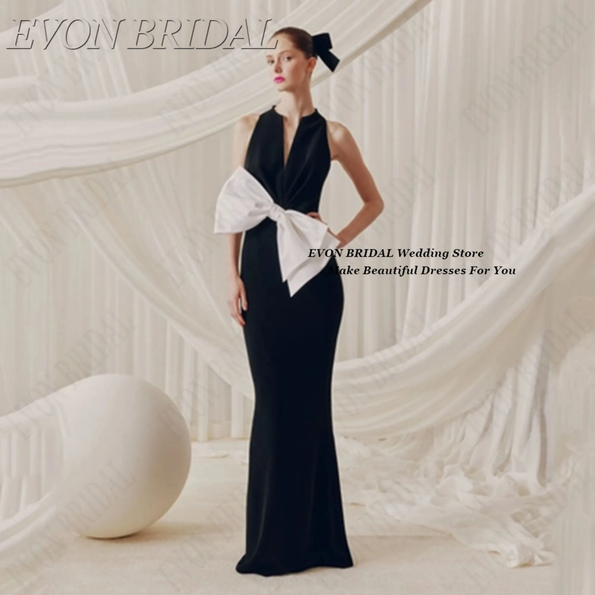 

EVON BRIDAL Черное свадебное платье для гостей «рыбий хвост» с v-образным вырезом и бантом Элегантные вечерние платья длиной до пола, вечернее платье для выпускного вечера по индивидуальному заказу