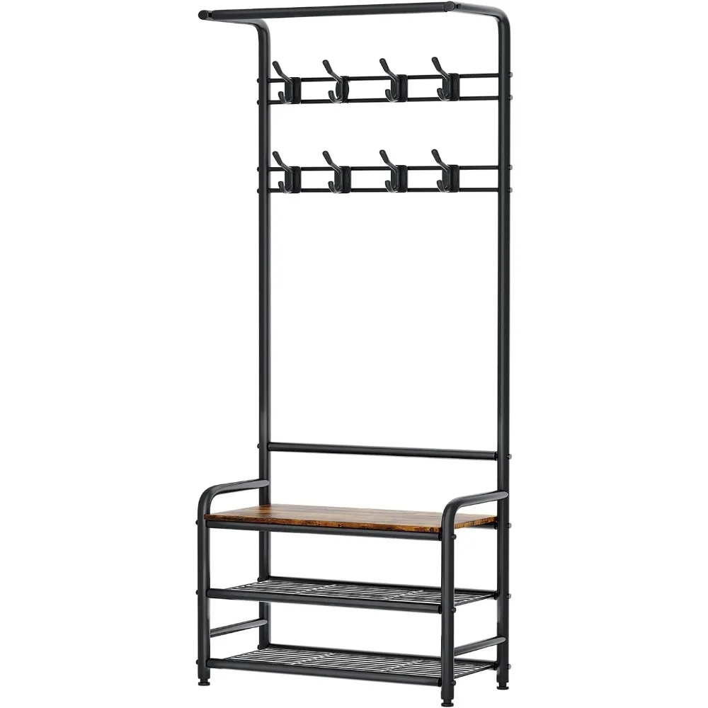 Coat Rack, Entryway Hall Tree with Shoe Bench and Storage, 4-in-1 Coat Rack with 3-Tier Shelves, Hanging Rod and 8 Hooks, Freest