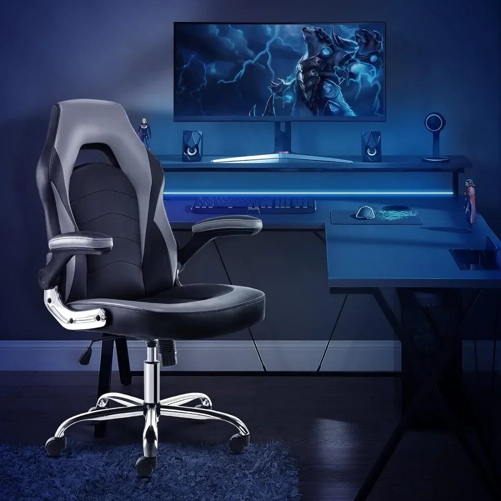 Gaming Ergonomic Office Flip-up Armrest and Height Adjustable Desk Splicing PU Leather Computer Chair with Lumbar Support