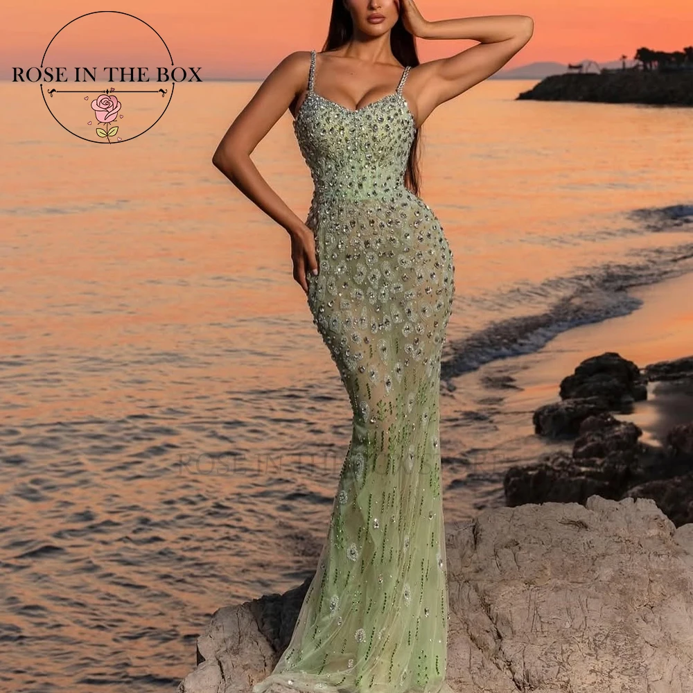 

ROSEINTHEBOX Customized Beaded Sequin Crystals Evening Dresses for Women Spaghetti Straps Mermaid Corset Elegant Party Dresses