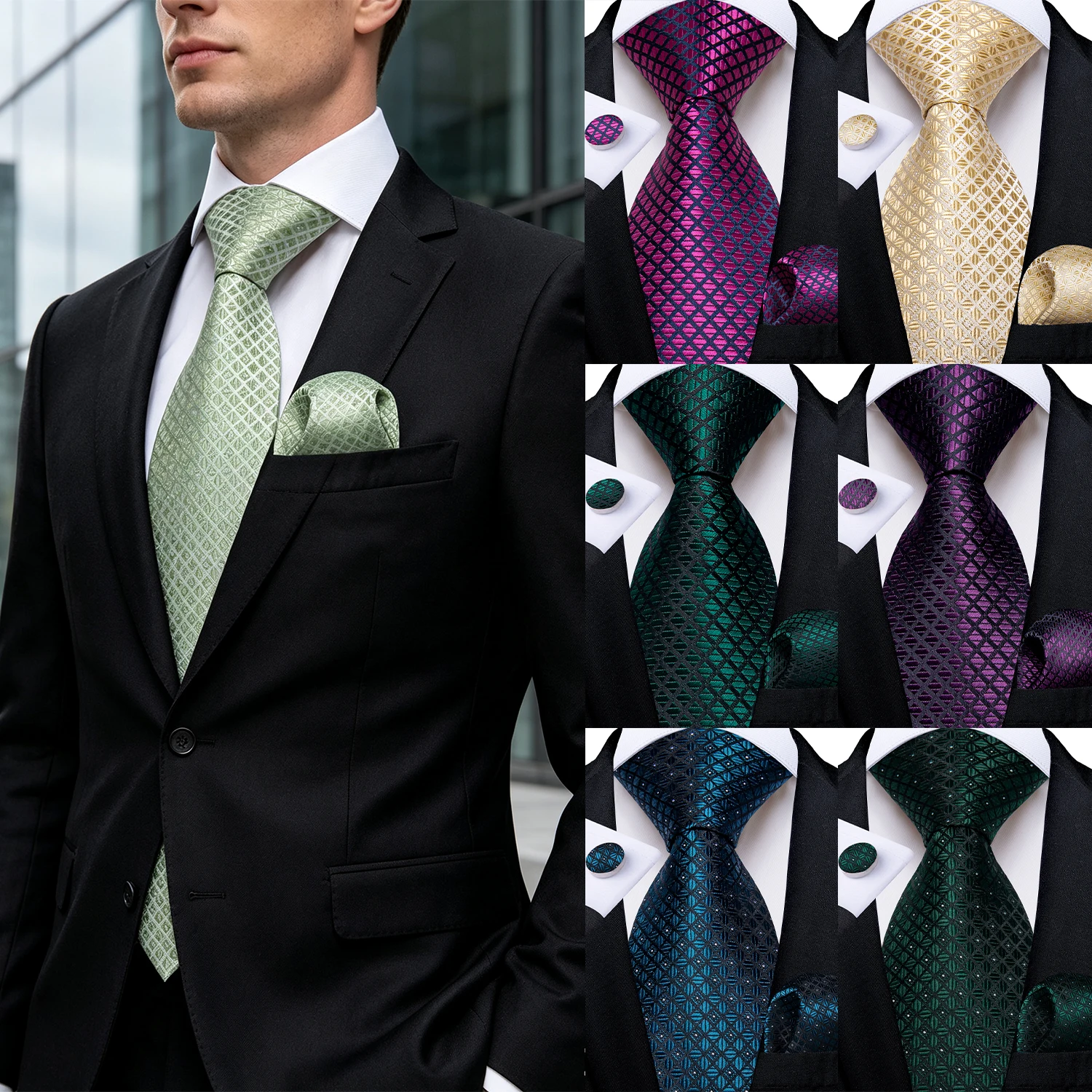 Geometric Diamond Mens Tie 3pcs Set, With Pocket Square And Cufflinks, Elegant Accessory For Wedding Party Business Gifting