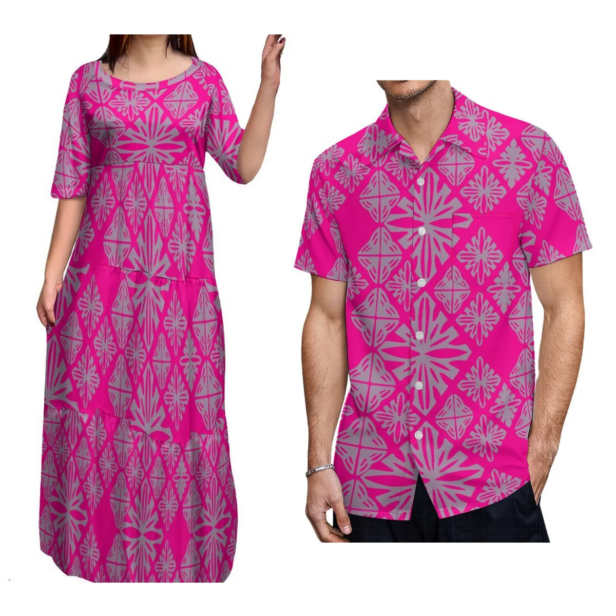 Women'S Crew-Neck Mid-Sleeve Cake Skirt Elegant Dress And Men'S Aloha Shirt Polynesian Tribe Matching Couple Outfit