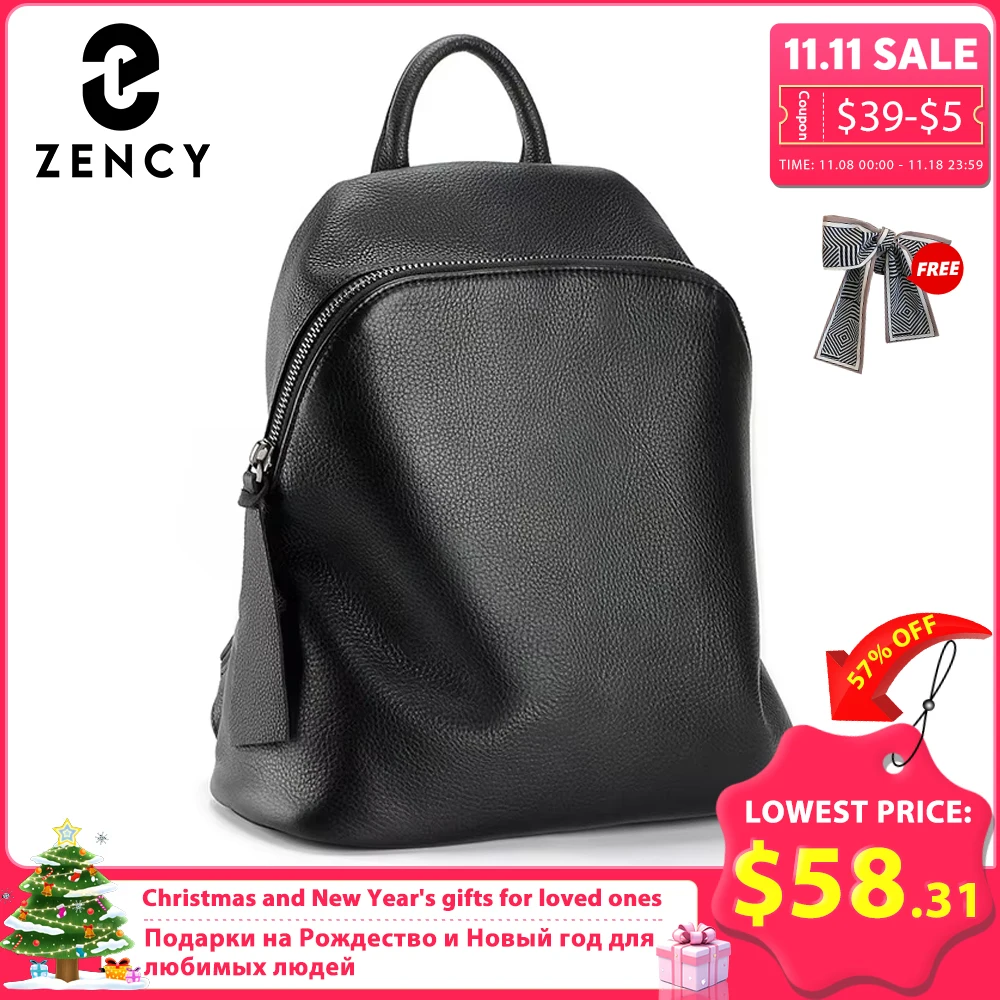 Zency 100% Genuine Leather Black Red Women Backpack Vintage Solid Large Travel Bags Schoolbag For Girls Daily Knapsack Trendy