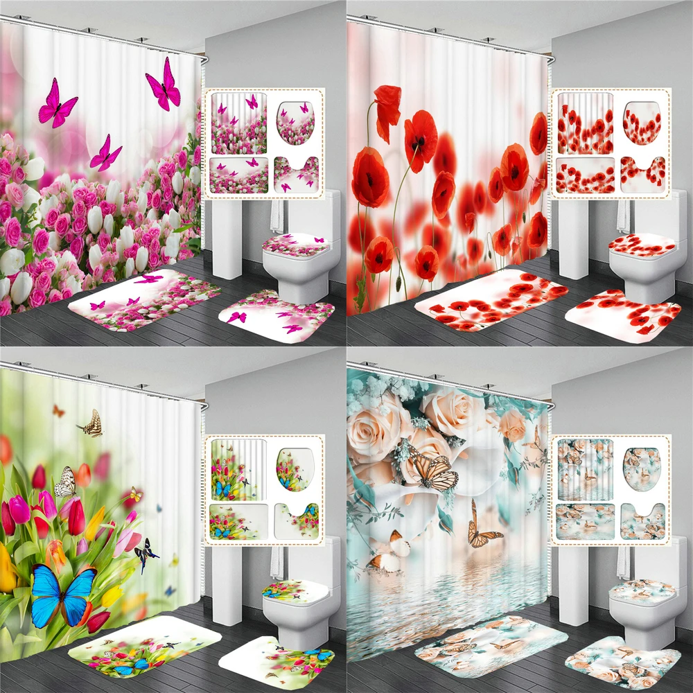 Flowers Butterfly Print Shower Curtains 4 Piece Carpet Toilet Cover Bath Mat Pad Set Bathroom Curtain with 12 Hooks Home Decor