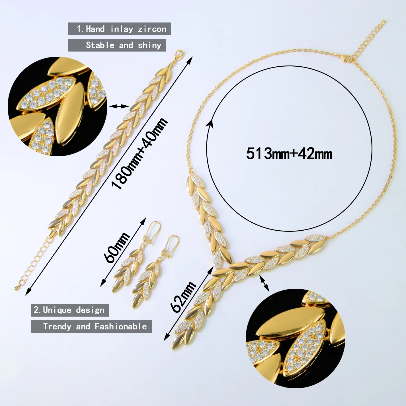 Nigeria Edles Braut-Hochzeitsschmuck-Set, 21 Karat vergoldet, italienische elegante Blatt-Halskette, Armband, Ohrringe, brasilianischer Goldschmuck – Detail 5