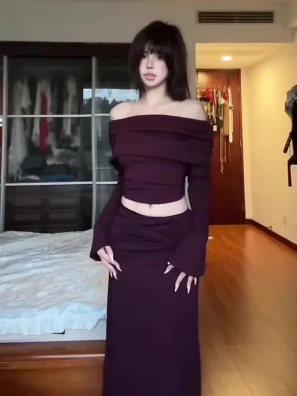 

Сексуальный комплект из облегающей юбки и топа на одно плечо, с высокой талией, короткий, удобный, из средней плотности хлопковой смеси, осенняя одежда для подростков